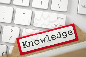 Knowledge. Red Card File Lays on White PC Keyboard. Business Concept. Closeup View. Selective Focus. 3D Rendering.