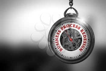 Business Process Redesign Close Up of Red Text on the Vintage Pocket Watch Face. Pocket Watch with Business Process Redesign Text on the Face. 3D Rendering.