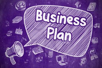 Speech Bubble with Phrase Business Plan Doodle. Illustration on Purple Chalkboard. Advertising Concept. Business Concept. Megaphone with Text Business Plan. Cartoon Illustration on Purple Chalkboard. 