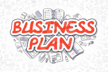Red Word - Business Plan. Business Concept with Doodle Icons. Business Plan - Hand Drawn Illustration for Web Banners and Printed Materials. 
