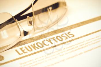Leukocytosis - Printed Diagnosis on Red Background and Specs Lying on It. Medicine Concept. Blurred Image. 3D Rendering.