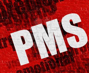 Medicine concept: Red Brickwall with Pms - Premenstrual Syndrome Stress on the it . Pms - Premenstrual Syndrome Stress - on Brick Wall with Wordcloud Around . 