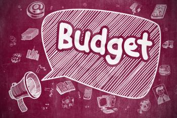 Budget on Speech Bubble. Doodle Illustration of Screaming Mouthpiece. Advertising Concept. Business Concept. Megaphone with Wording Budget. Hand Drawn Illustration on Red Chalkboard. 