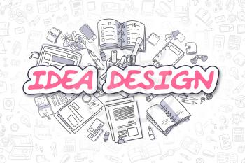 Idea Design - Sketch Business Illustration. Magenta Hand Drawn Text Idea Design Surrounded by Stationery. Doodle Design Elements. 