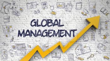 White Brickwall with Global Management Inscription and Orange Arrow. Improvement Concept. Global Management - Increase Concept with Doodle Icons Around on White Brickwall Background. 3d.