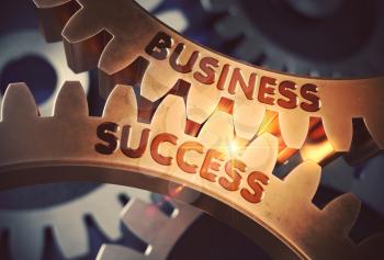 Business Success - Illustration with Glow Effect and Lens Flare. Business Success on Mechanism of Golden Cog Gears. 3D Rendering.