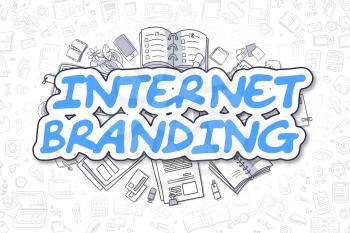 Internet Branding - Sketch Business Illustration. Blue Hand Drawn Inscription Internet Branding Surrounded by Stationery. Doodle Design Elements. 