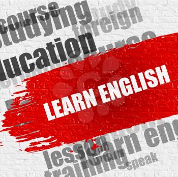 Education Service Concept: Learn English - on White Brickwall with Wordcloud Around. Modern Illustration. Learn English Modern Style Illustration on Red Brush Stroke. 