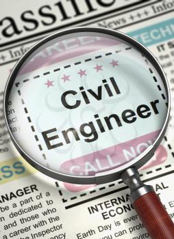 Illustration of Classified Ad of Civil Engineer in Newspaper with Magnifying Lens. Magnifying Lens Over Newspaper with Small Ads of Job Search of Civil Engineer. Hiring Concept. Selective focus. 3D.