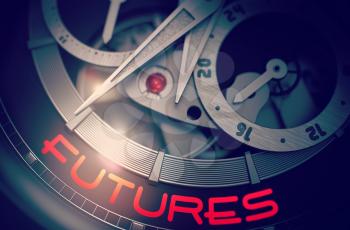 Futures on Automatic Wristwatch, Chronograph Close Up. Futures on Face of Elegant Watch, Chronograph Closeup. Time Concept with Glow Effect and Lens Flare. 3D Rendering.