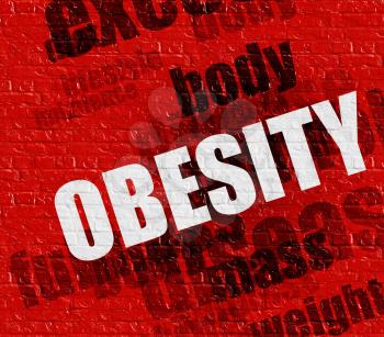 Medicine concept: Obesity - on the Brickwall with Word Cloud Around . Red Brickwall with Obesity on it . 