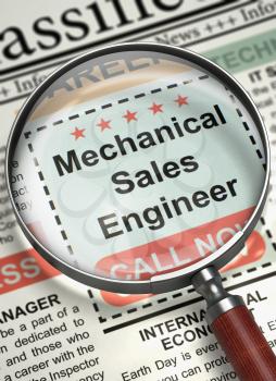 Mechanical Sales Engineer. Newspaper with the Small Advertising. Column in the Newspaper with the Searching Job of Mechanical Sales Engineer. Job Search Concept. Selective focus. 3D Render.