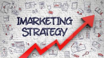 Imarketing Strategy Inscription on the Modern Illustation. with Red Arrow and Doodle Icons Around. Imarketing Strategy Drawn on Brick Wall. Illustration with Hand Drawn Icons. 3d.