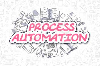 Process Automation Doodle Illustration of Magenta Text and Stationery Surrounded by Cartoon Icons. Business Concept for Web Banners and Printed Materials. 