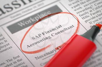 SAP Financial Accounting Consultant - Jobs Section Vacancy in Newspaper, Circled with a Red Highlighter. Blurred Image with Selective focus. Job Search Concept. 3D Illustration.