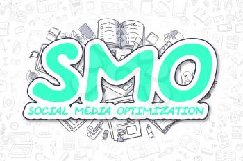 Smo - Social Media Optimization Doodle Illustration of Green Inscription and Stationery Surrounded by Doodle Icons. Business Concept for Web Banners and Printed Materials. 