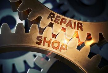 Repair Shop - Industrial Illustration with Glow Effect and Lens Flare. Repair Shop on Mechanism of Golden Metallic Gears with Glow Effect. 3D Rendering.