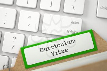 Curriculum Vitae. Green Card File Concept on Background of Modern Laptop Keyboard. Archive Concept. Closeup View. Blurred Illustration. 3D Rendering.