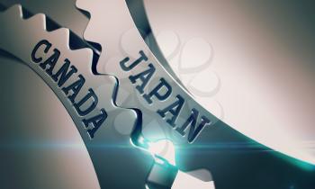 Japan Canada on Mechanism of Metal Cogwheels. Business Concept in Industrial Design . Text Japan Canada on the Shiny Metal Cogwheels - Communication Concept . 3D .