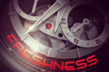 Freshness - Fashion Watch Inside Mechanism Close View with Inscription on the Face. Luxury Pocket Watch with Freshness Inscription on Face. Business Concept with Lens Flare. 3D Rendering.
