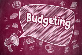 Budgeting on Speech Bubble. Cartoon Illustration of Shouting Loudspeaker. Advertising Concept. Business Concept. Loudspeaker with Text Budgeting. Cartoon Illustration on Red Chalkboard. 