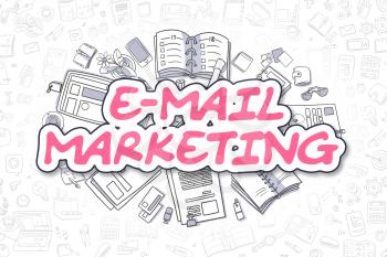 E-Mail Marketing Doodle Illustration of Magenta Inscription and Stationery Surrounded by Doodle Icons. Business Concept for Web Banners and Printed Materials. 