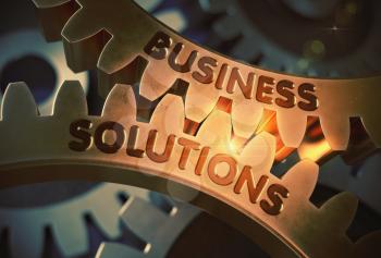 Golden Cogwheels with Business Solutions Concept. Business Solutions - Industrial Design. 3D Rendering.