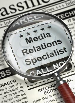 Media Relations Specialist. Newspaper with the Searching Job. Media Relations Specialist - CloseUp View Of A Classifieds Through Magnifier. Job Search Concept. Blurred Image. 3D.