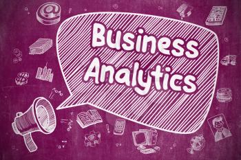 Business Concept. Horn Speaker with Wording Business Analytics. Cartoon Illustration on Purple Chalkboard. 