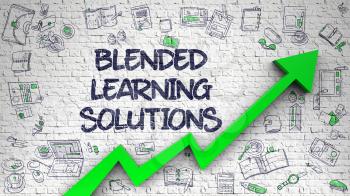 Blended Learning Solutions - Modern Illustration with Hand Drawn Elements. Blended Learning Solutions Drawn on White Brick Wall. Illustration with Hand Drawn Icons. 
