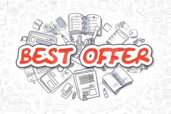 Red Inscription - Best Offer. Business Concept with Cartoon Icons. Best Offer - Hand Drawn Illustration for Web Banners and Printed Materials. 