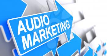 Audio Marketing - Blue Pointer with a Text Indicates the Direction of Movement. Audio Marketing, Inscription on Blue Arrow. 3D Render.