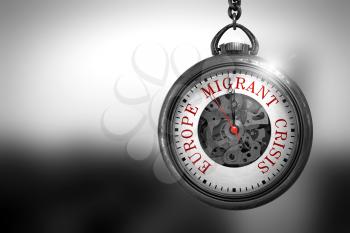 Europe Migrant Crisis Close Up of Red Text on the Pocket Watch Face. Business Concept: Pocket Watch with Europe Migrant Crisis - Red Text on it Face. 3D Rendering.