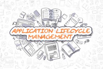 Application Lifecycle Management Doodle Illustration of Orange Word and Stationery Surrounded by Doodle Icons. Business Concept for Web Banners and Printed Materials. 
