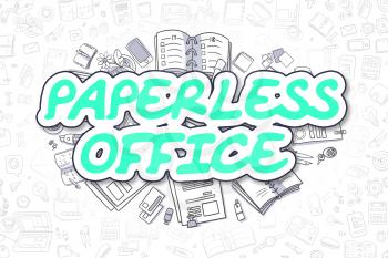 Paperless Office Doodle Illustration of Green Inscription and Stationery Surrounded by Doodle Icons. Business Concept for Web Banners and Printed Materials. 