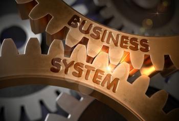 Business System on Mechanism of Golden Metallic Gears with Lens Flare. Business System - Concept. 3D Rendering.
