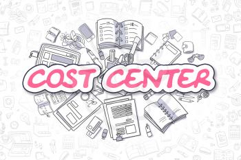 Cost Center - Sketch Business Illustration. Magenta Hand Drawn Word Cost Center Surrounded by Stationery. Cartoon Design Elements. 