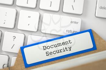 Document Security written on Orange Index Card Overlies Modern Keyboard. Closeup View. Blurred Image. 3D Rendering.