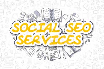 Doodle Illustration of Social SEO Services, Surrounded by Stationery. Business Concept for Web Banners, Printed Materials. 