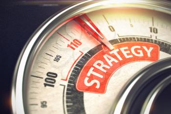 Strategy - Red Label on Conceptual Gauge with Needle. Business or Marketing Mode Concept. Metal Speedmeter with Red Punchline Reach the Strategy. Illustration with Depth of Field Effect. 3D.