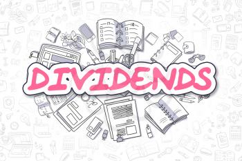Cartoon Illustration of Dividends, Surrounded by Stationery. Business Concept for Web Banners, Printed Materials. 