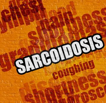 Healthcare concept: Sarcoidosis - on Brick Wall with Wordcloud Around . Sarcoidosis on the Yellow Wall . 