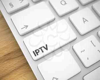 Business Concept: IPTV on White Keyboard lying on Wood Background. Modern Keyboard Button Showing the Inscription IPTV. Message on Keyboard White Key. 3D.
