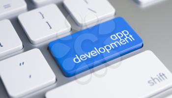 App Development Written on Blue Button of Metallic Keyboard. Online Service Concept with Blue Enter Keypad on the Aluminum Keyboard: App Development. 3D Illustration.