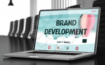 Brand Development Concept. Closeup Landing Page on Laptop Screen on Background of Meeting Hall in Modern Office. Toned Image with Selective Focus. 3D Illustration.