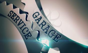 Message Garage Service on Metallic Cog Gears - Business Concept. Garage Service Shiny Metal Cog Gears - Business Concept. with Lens Effect. 3D Illustration .