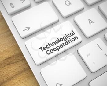 Online Service Concept: Technological Cooperation on the Metallic Keyboard Background. A Keyboard with a White Button - Technological Cooperation. 3D Render.