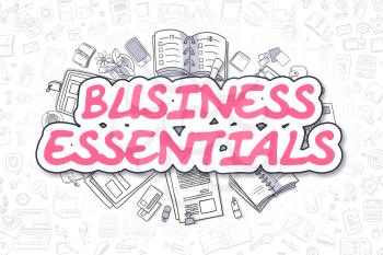 Magenta Word - Business Essentials. Business Concept with Cartoon Icons. Business Essentials - Hand Drawn Illustration for Web Banners and Printed Materials. 