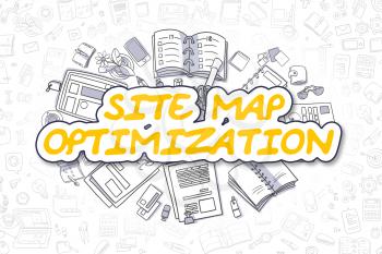Site Map Optimization Doodle Illustration of Yellow Word and Stationery Surrounded by Doodle Icons. Business Concept for Web Banners and Printed Materials. 