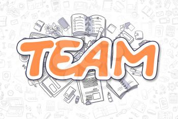 Business Illustration of Team. Doodle Orange Inscription Hand Drawn Doodle Design Elements. Team Concept. 